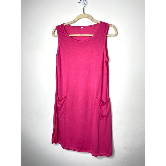 Sleeveless Hot Pink Stretch Knit Tank Mini Dress Scoop Neck Front Patch Pocket M - Picture 4 of 9